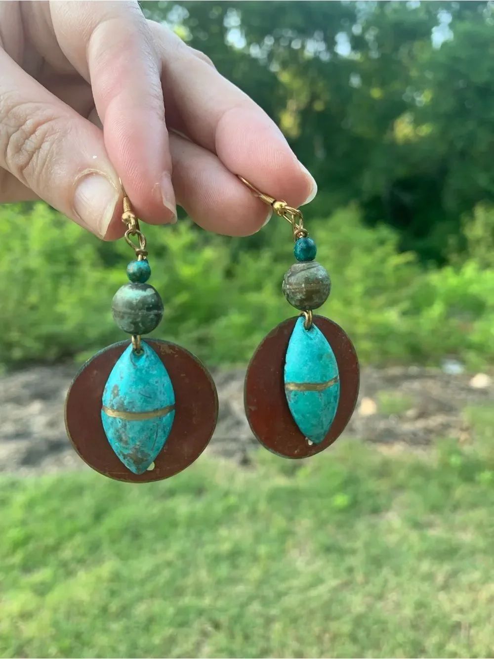 Turquoise and Brown Beaded Metal Drop Earrings - Handmade Jewelry